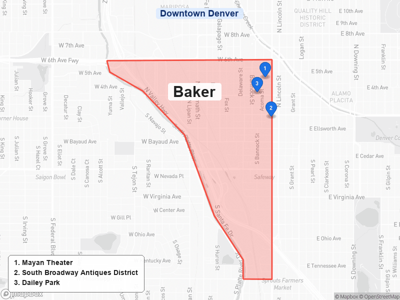 Static map of Denver showing Baker highlighted