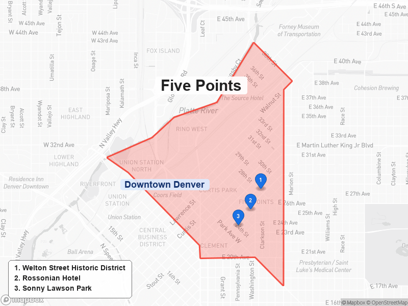 Static map of Denver showing Five Points highlighted