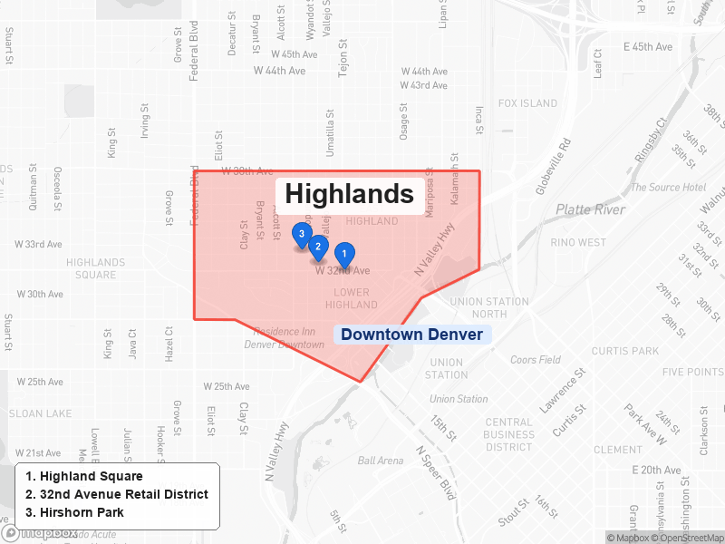Static map of Denver showing Highlands highlighted