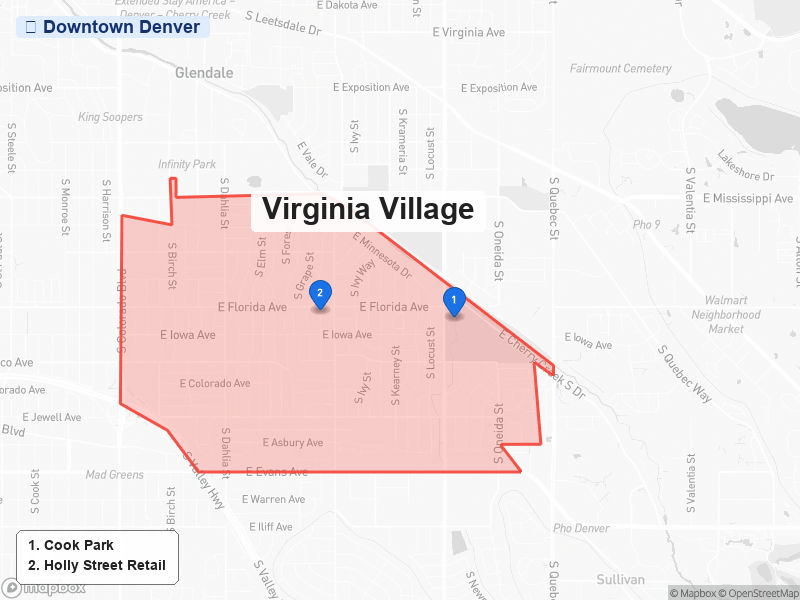 Static map of Denver showing Virginia Village highlighted