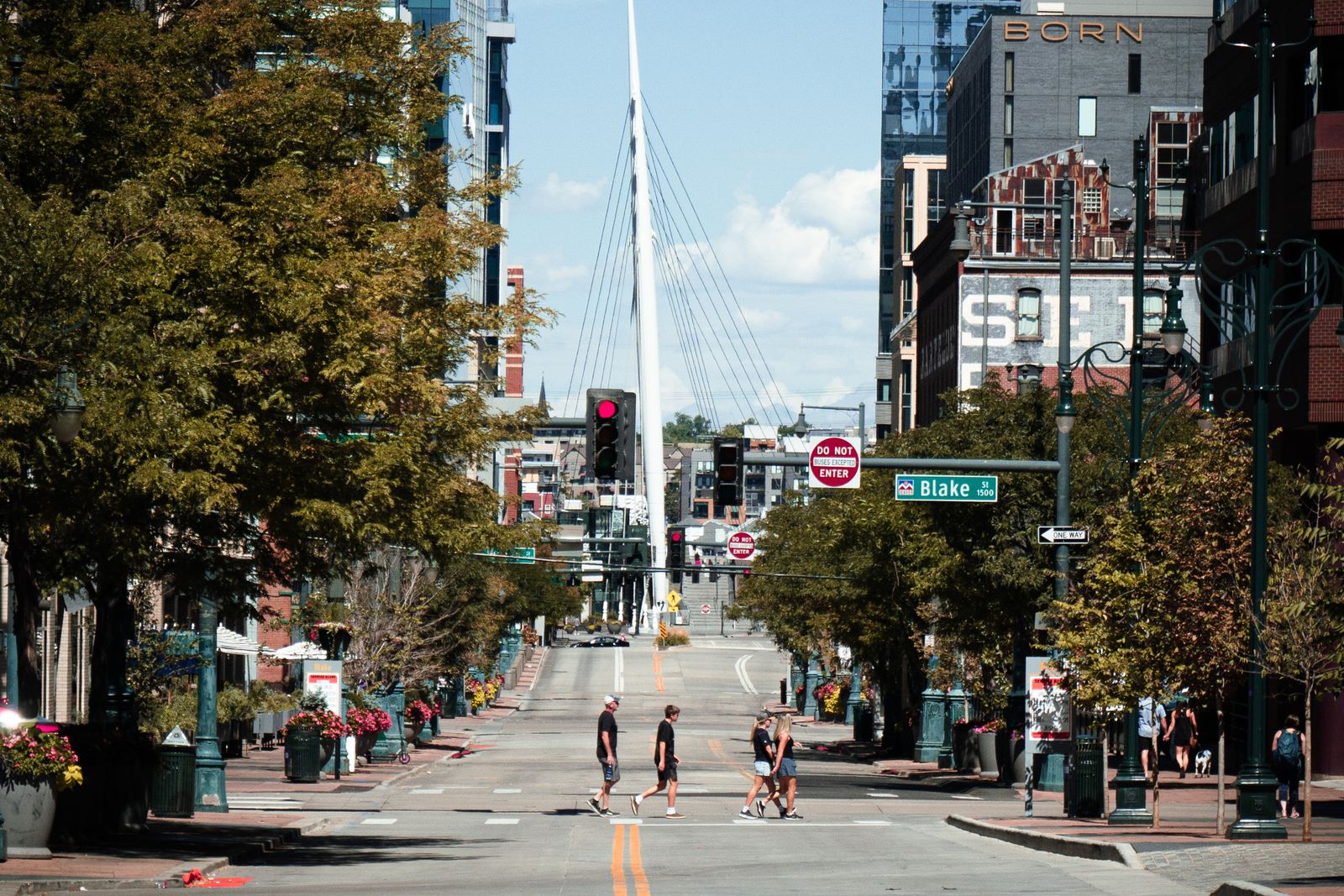 View down Blake Street toward Denver's Millennium Bridge
